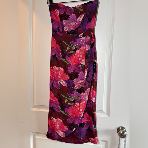 Lulus Burgundy Multi Floral Strapless Tulip Midi Dress - Picture 5 of 16